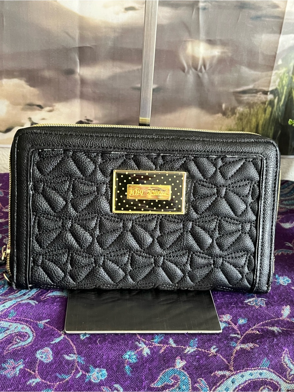 Betsey Johnson Black Quilted Wallet with Gold Plaque
